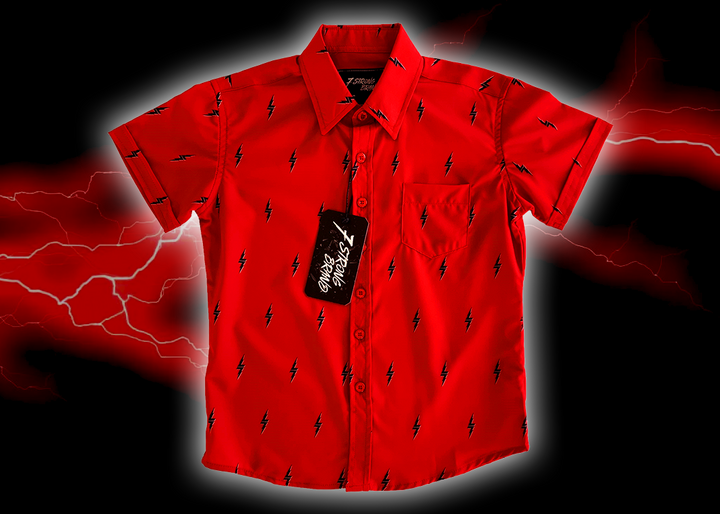 Full view of the 7-Strong Red 7-Bolt youth short sleeve shirt, featuring black 7-bolts with a white drop shadow interspersed on a red background. The shirt is featured on a red lightning storm backdrop.