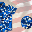 Load image into Gallery viewer, 3/4 Full view close up of the 7-Strong &quot;Service Stars&quot; youth button-up, featuring blue and creme colored camouflage with white weathered stars throughout. The shirt is featured against a waving U.S. Flag faded into the background. Top right is the 22 Flag Co logo, bottom left is a detail circle showing a close up of the camouflage and star design. 
