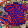 Load image into Gallery viewer, Full view of the youth 7-Strong Dat Boil shirt, with design detail circle in bottom left corner, in deep navy blue with red crawfish patterned throughout overlapping one another. The shirt itself sits on a background image of items from a Crawfish Boil such as crawfish, seasoning, corn, and potatoes. 
