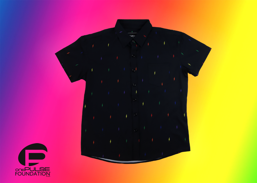 Full view of youth short sleeve button down shirt, black as base color and adorned with multicolored version of our 7-Bolt design. Shirt is on a multicolor gradient-like background, in the bottom left, the logo for onePULSE Foundation, our cause collection partner. 