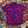 Load image into Gallery viewer, Full view of the 7-Strong Dat Boil shirt in deep navy blue with red crawfish patterned throughout overlapping one another. The shirt itself sits on a background image of items from a Crawfish Boil such as crawfish, seasoning, corn, and potatoes. 
