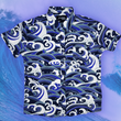 Load image into Gallery viewer, Full view of the 7-Strong &quot;Let &#39;Er Riptipe&quot; Youth button down shirt, featuring an array of indigo and purple waves with whitecaps all over. The shirt is featured against a purple tinted background of a wave cresting. 
