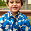 Load image into Gallery viewer, Medium close up of male youth model sporting the 7-Strong &quot;Service Stars&quot; youth button-up, featuring blue and creme colored camouflage with white weathered stars throughout. 
